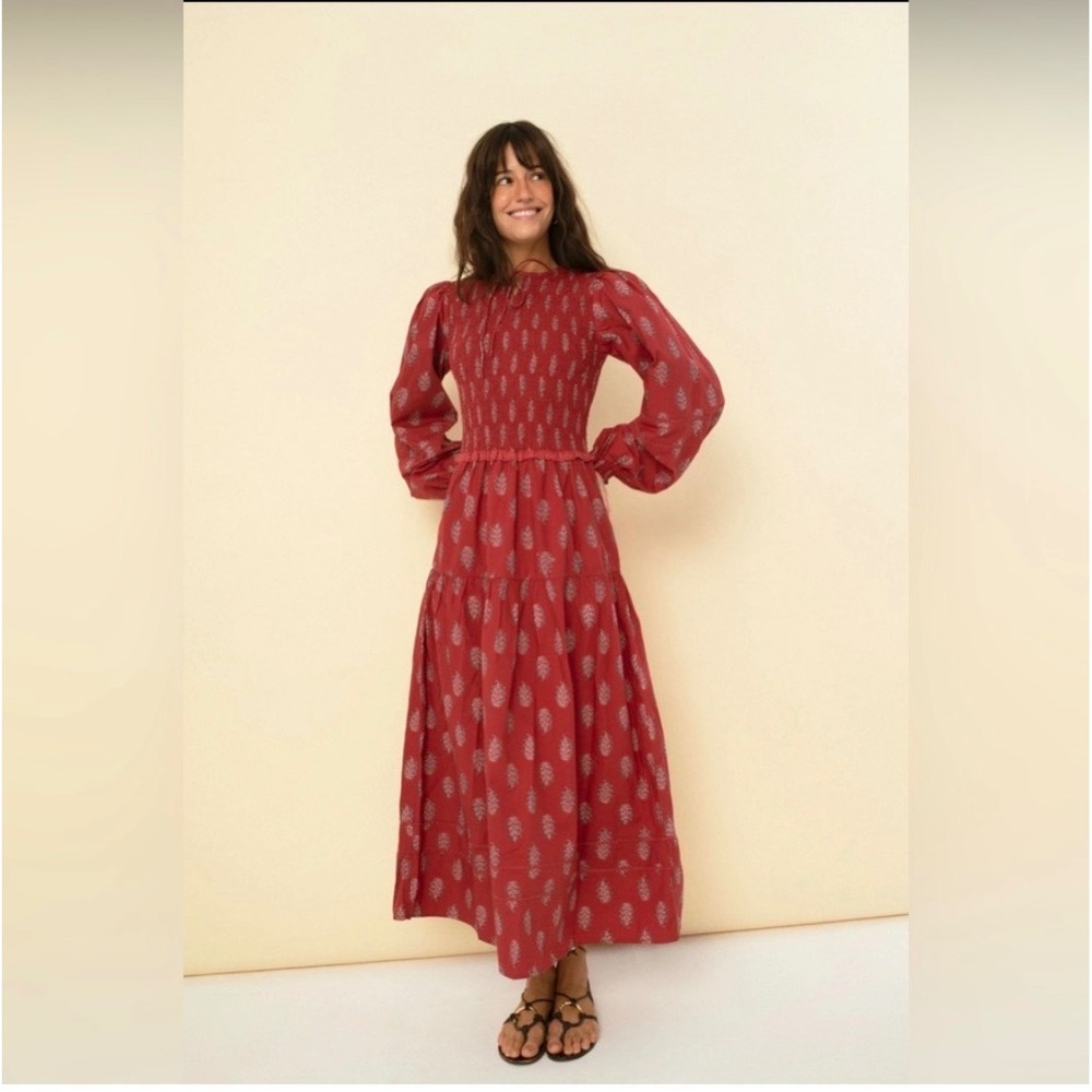 Sonmer Camila Dress Womens Small Burgundy Boho Smocked Eyelet Lace Maxi Floral